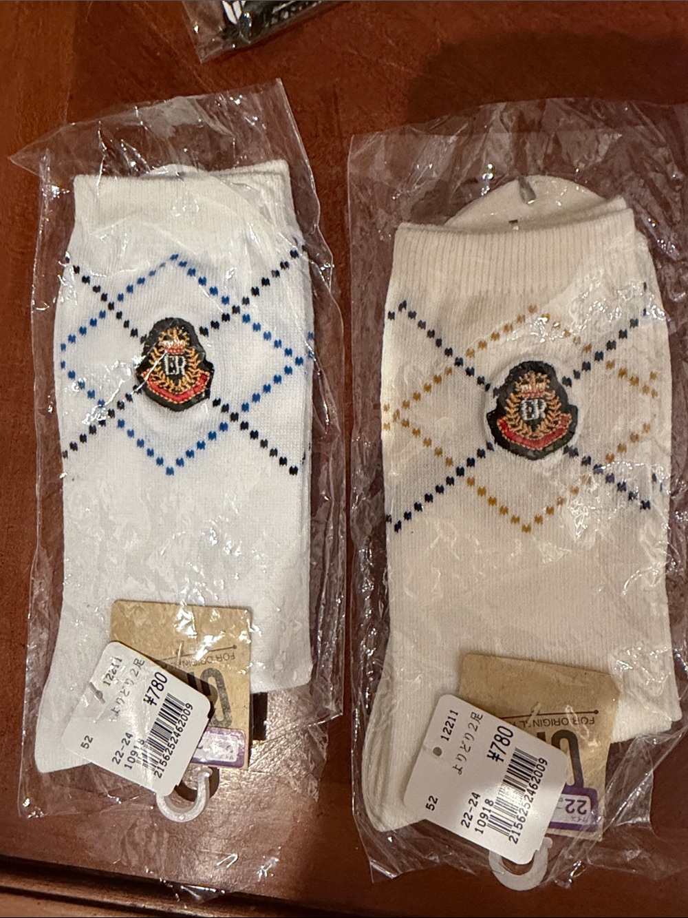 Classic Argyle Crew Socks - White with Blue embroidered Accents